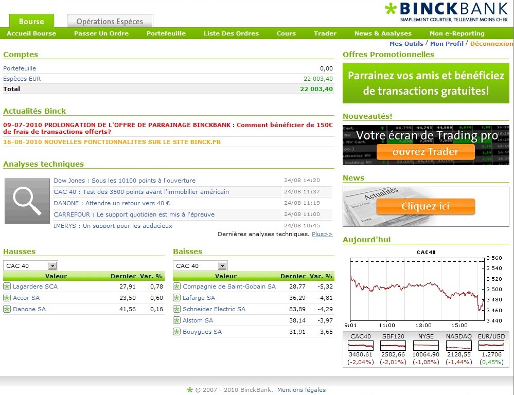 gagner en bourse gain en bourse portefeuille binck apres trade 24 aout 2010