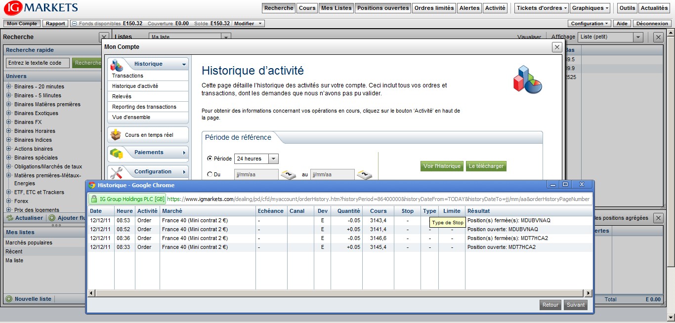 test passage ordres cfd ig markets avec tradesense historique 12 decembre 2011