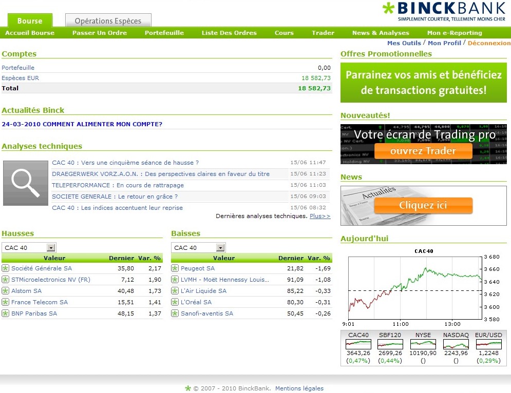 portefeuille binck bank 15 juin 2010 cash apres prise e benefices sur warrants cac 40