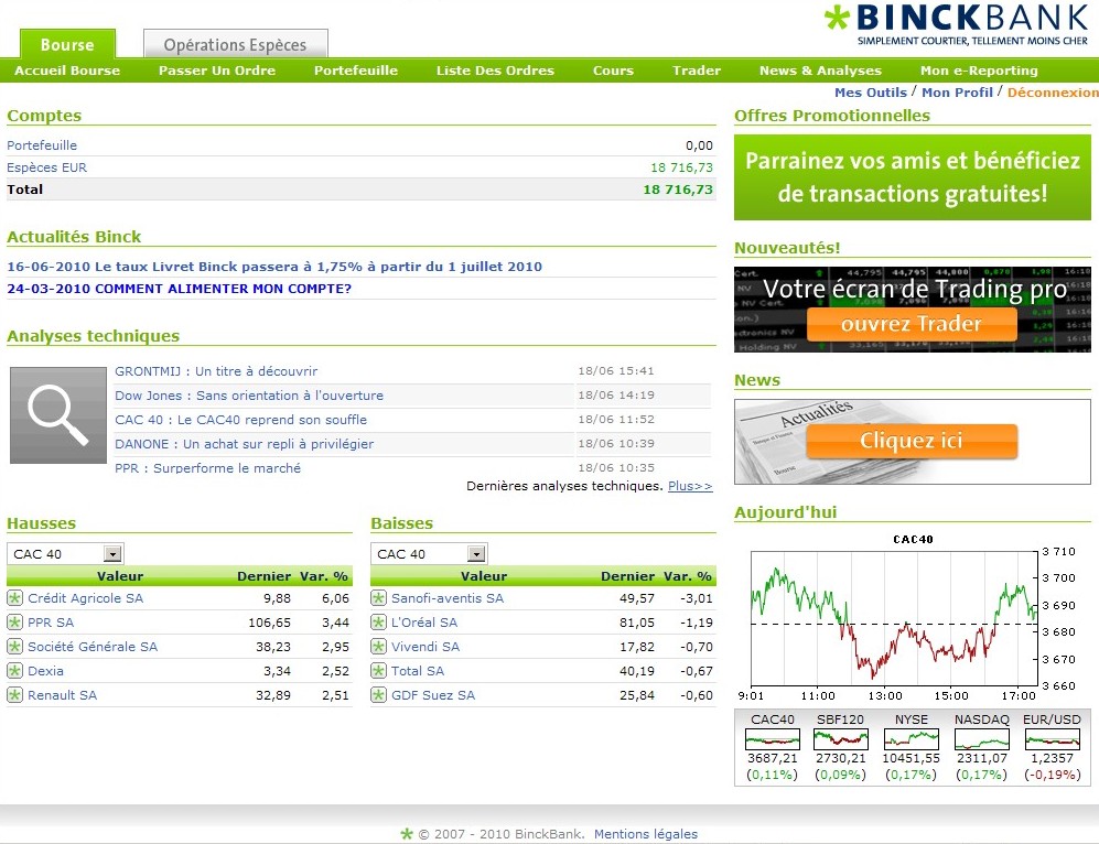 solde compte-titres binck bank 18 juin 2010