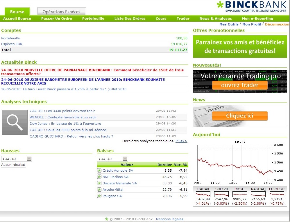 solde compte-titres binck bank 29 juin 2010