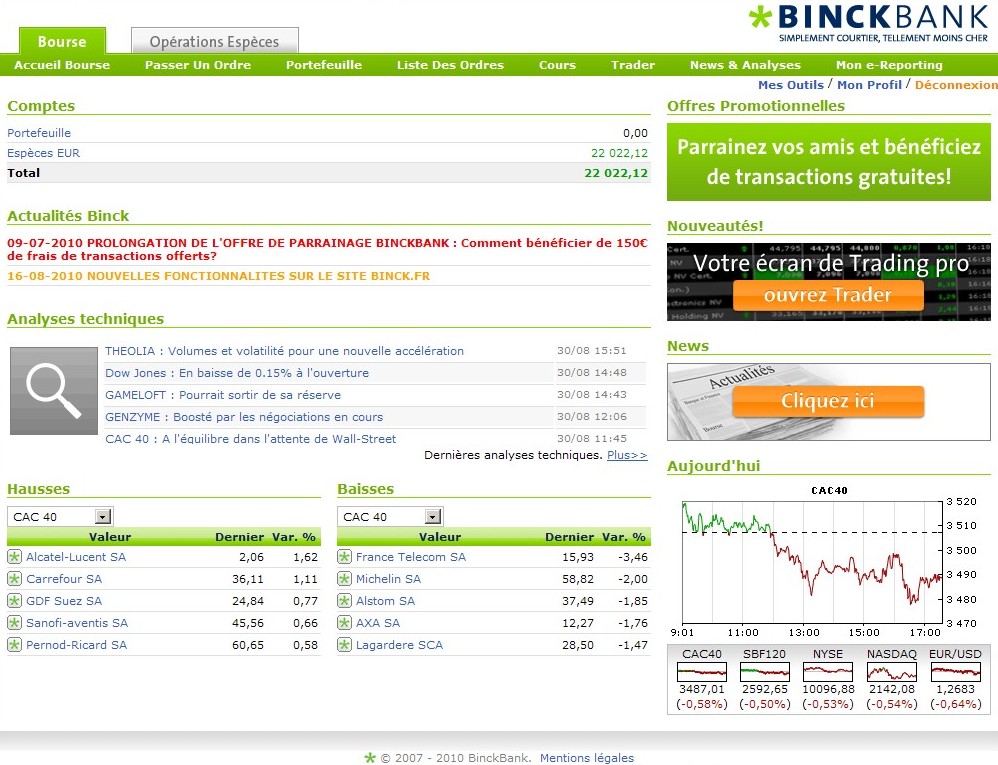 solde compte-titres binck bank 30 aout 2010