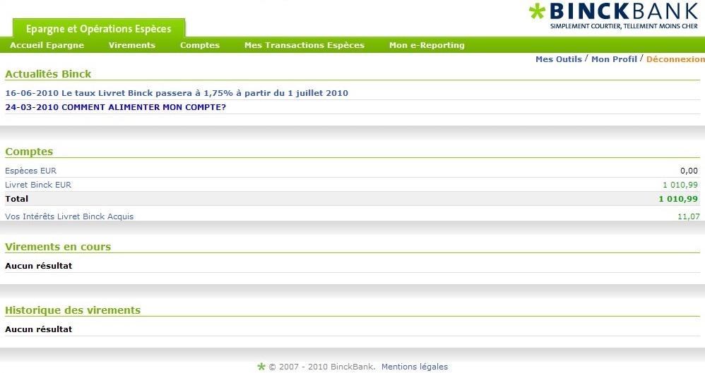 solde livret binck 22 juin 2010