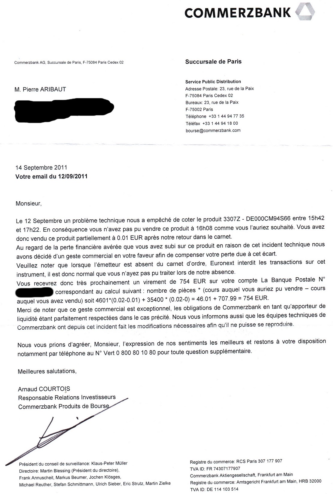 scan lettre remboursement commerbank 754 euros