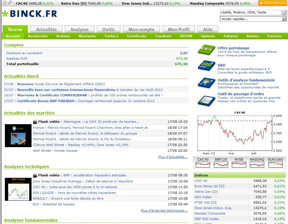 zetrader solde compte titres binck bank 18 aout 2012
