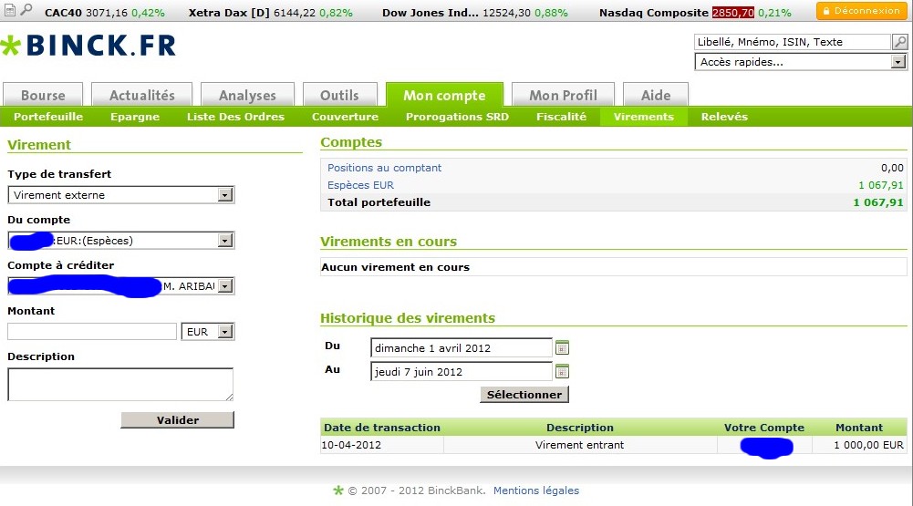 zetrader solde compte titres virements entrants entre avril et le 7 juin 2012